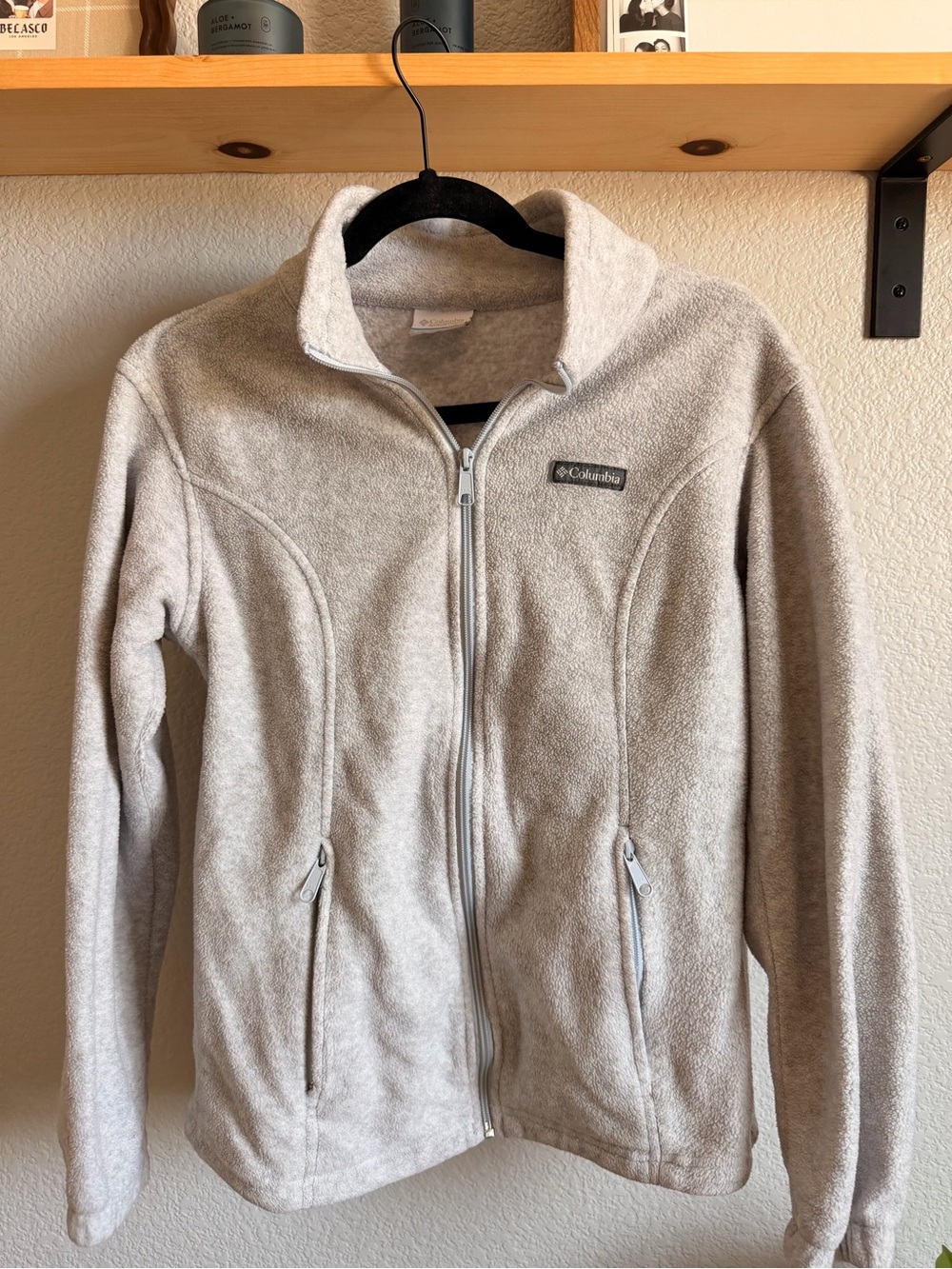 Columbia Soft Light Gray Full-Zip Teddy Fleece Jacket